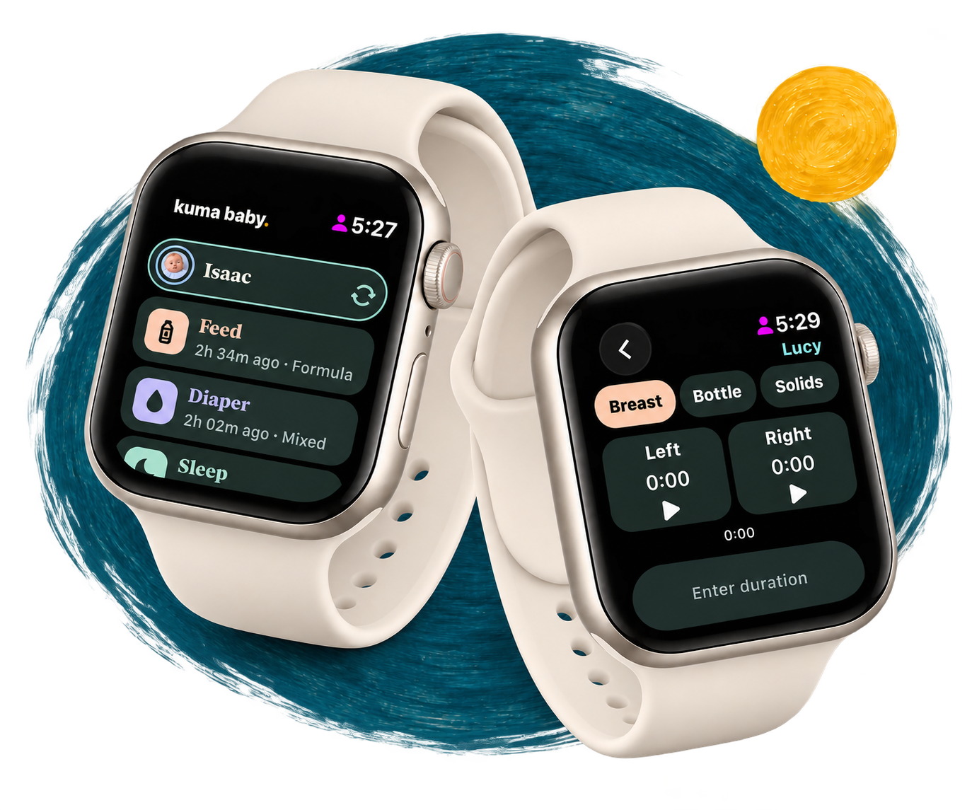 Two ivory Apple Watches displaying baby activity and breastfeeding timers over a teal brushstroke